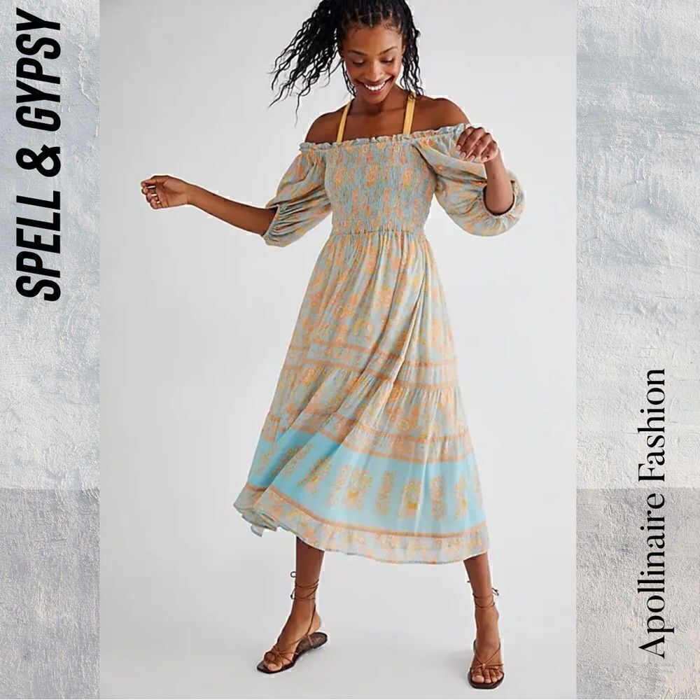 SPELL & GYPSY JUNIPER SHIRRED DRESS IN EGGSHELL BLUE NWT SMALL